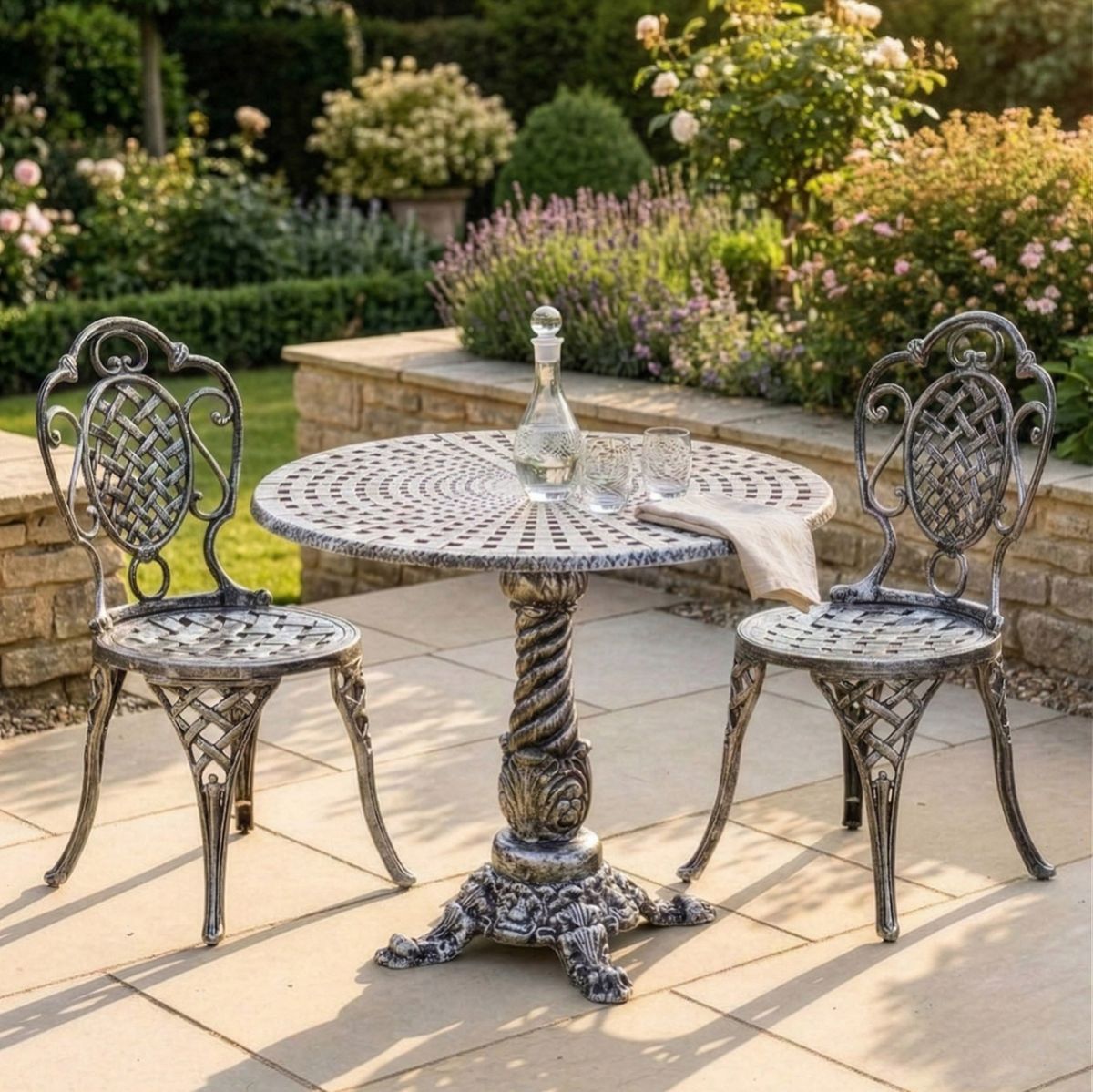 Antique Silver "Valhalla" Two Seater Bistro Set digital illustration dressed table