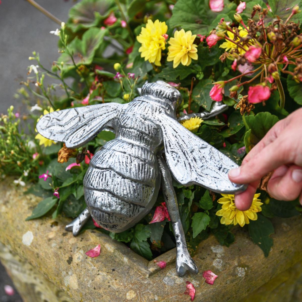 Scale Shot of Antique Silver Aluminium "Buzzing" Bumble Bee Sculpture
