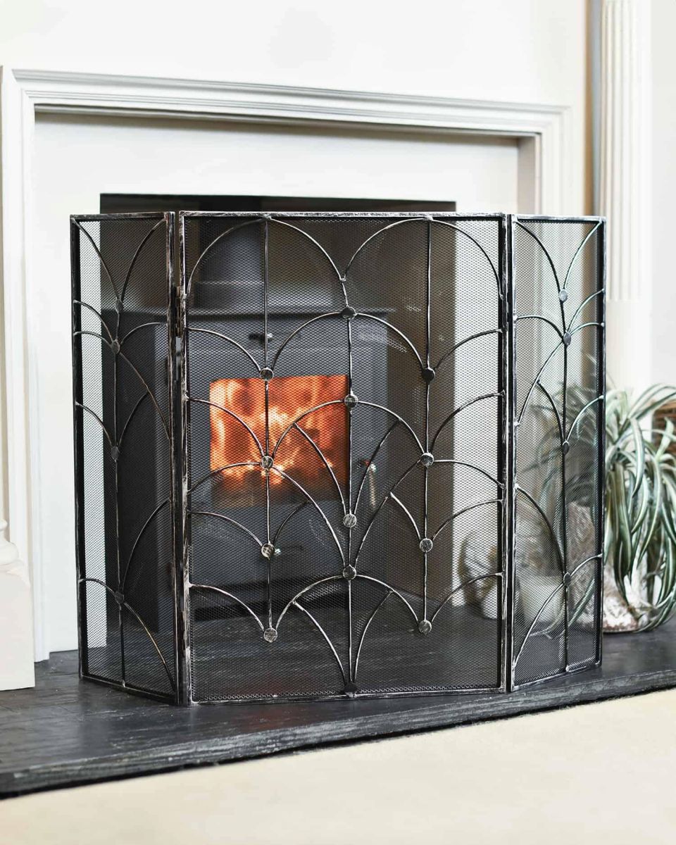 Antique Silver Art Deco Three Fold Fire Guard in Situ