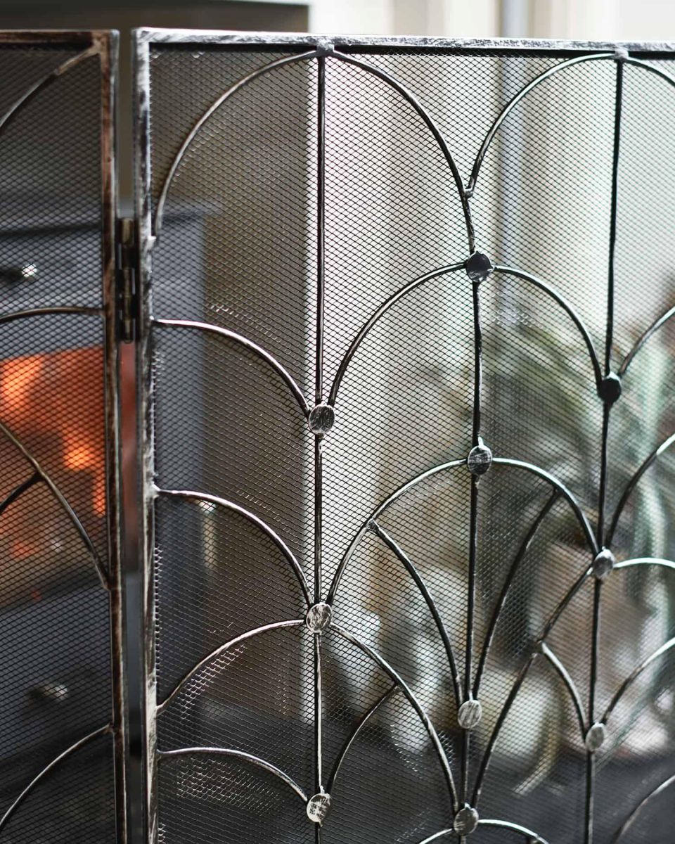 Close-Up of Side Panel on Antique Silver Art Deco Three Fold Fire Guard