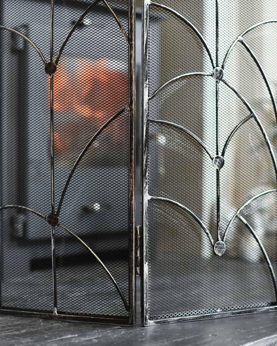 Close-Up of Pattern on Antique Silver Art Deco Three Fold Fire Guard