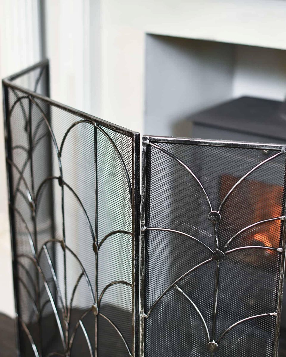 Close-Up of Antique Silver Art Deco Three Fold Fire Guard
