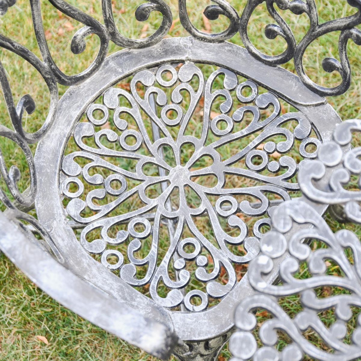 Close-Up of Chair Seat Pattern Design on Antique Silver "Edworth Manor" Four Seater Dining Set