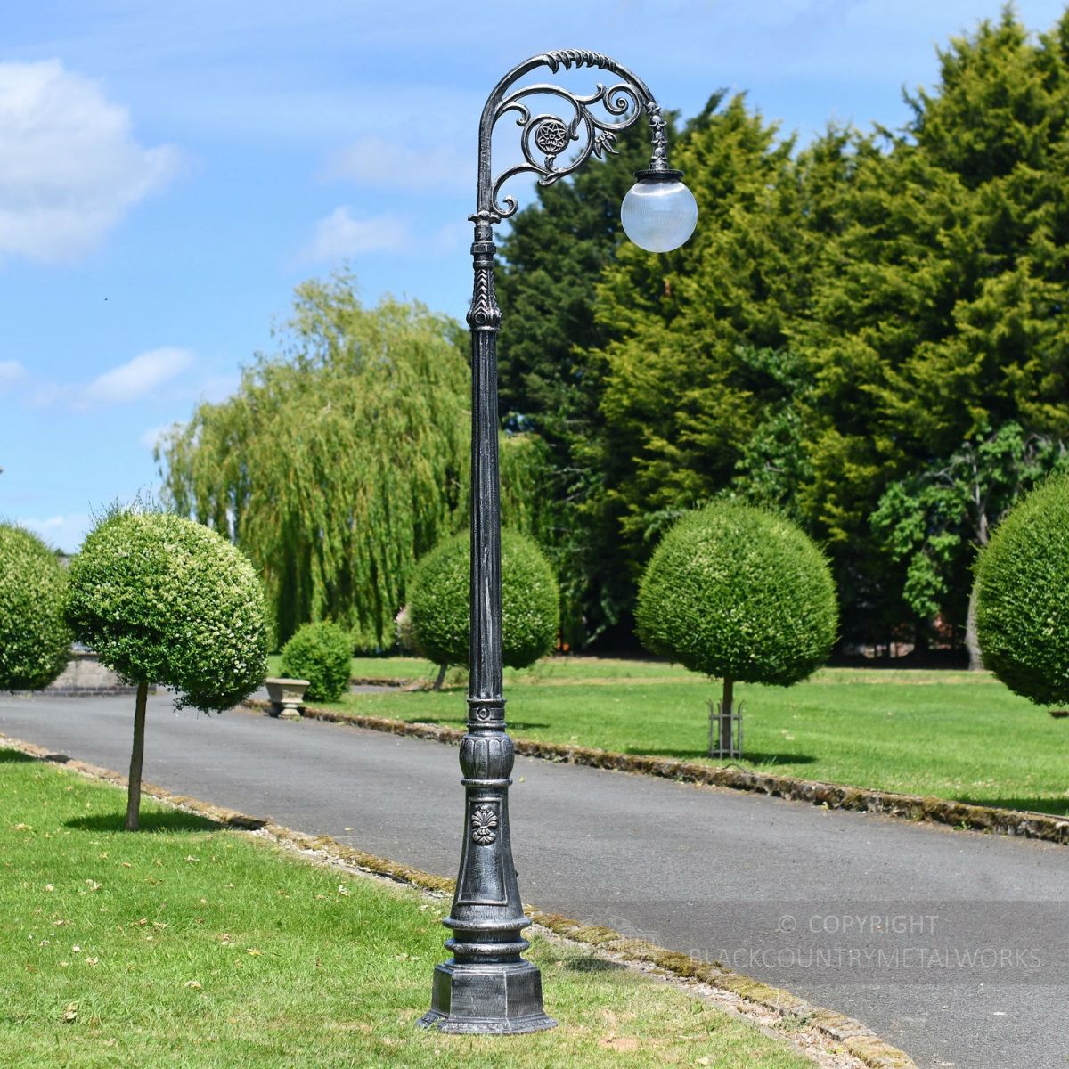 Antique Silver Ornate Cast Iron Globe Lamp Post On Driveway Antique Silver Ornate Cast Iron Globe Lamp Post On Driveway