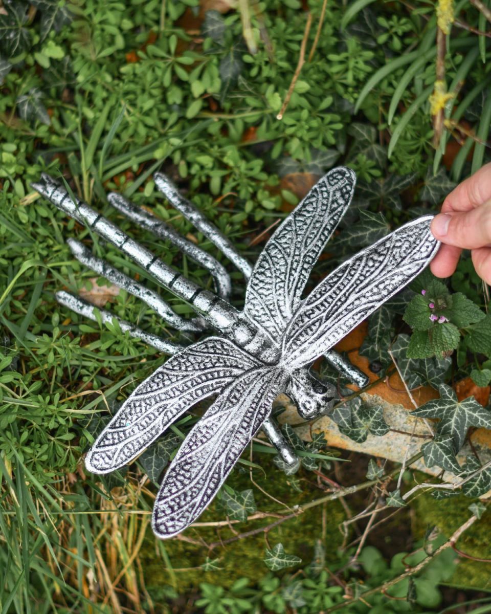 Scale Shot of Antique Silver Prehistoric Dragonfly Garden Sculpture Scale Shot of Antique Silver Prehistoric Dragonfly Garden Sculpture