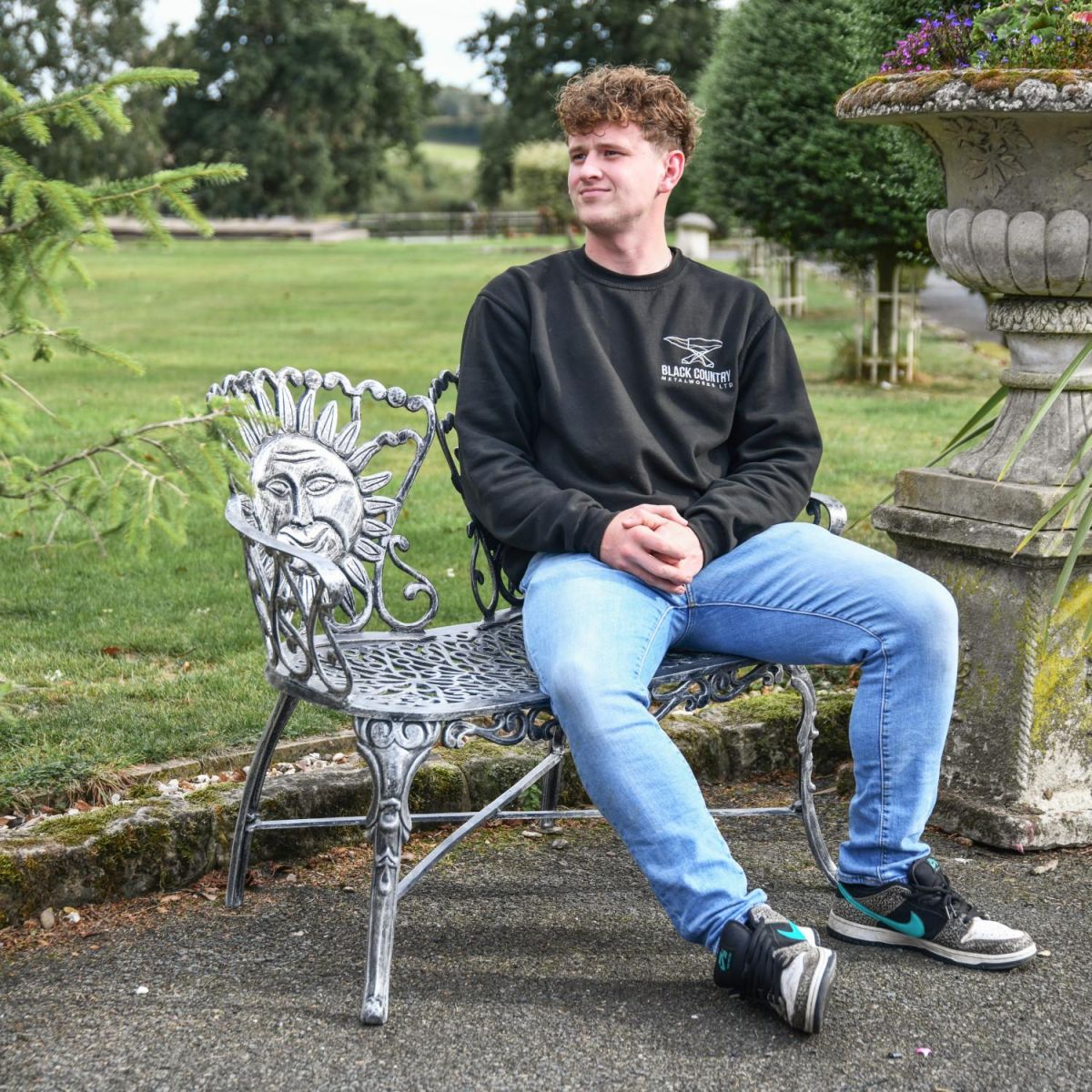 Scale Shot of Antique Silver "Sunrise-to-Sunset" Two Seater Garden Bench