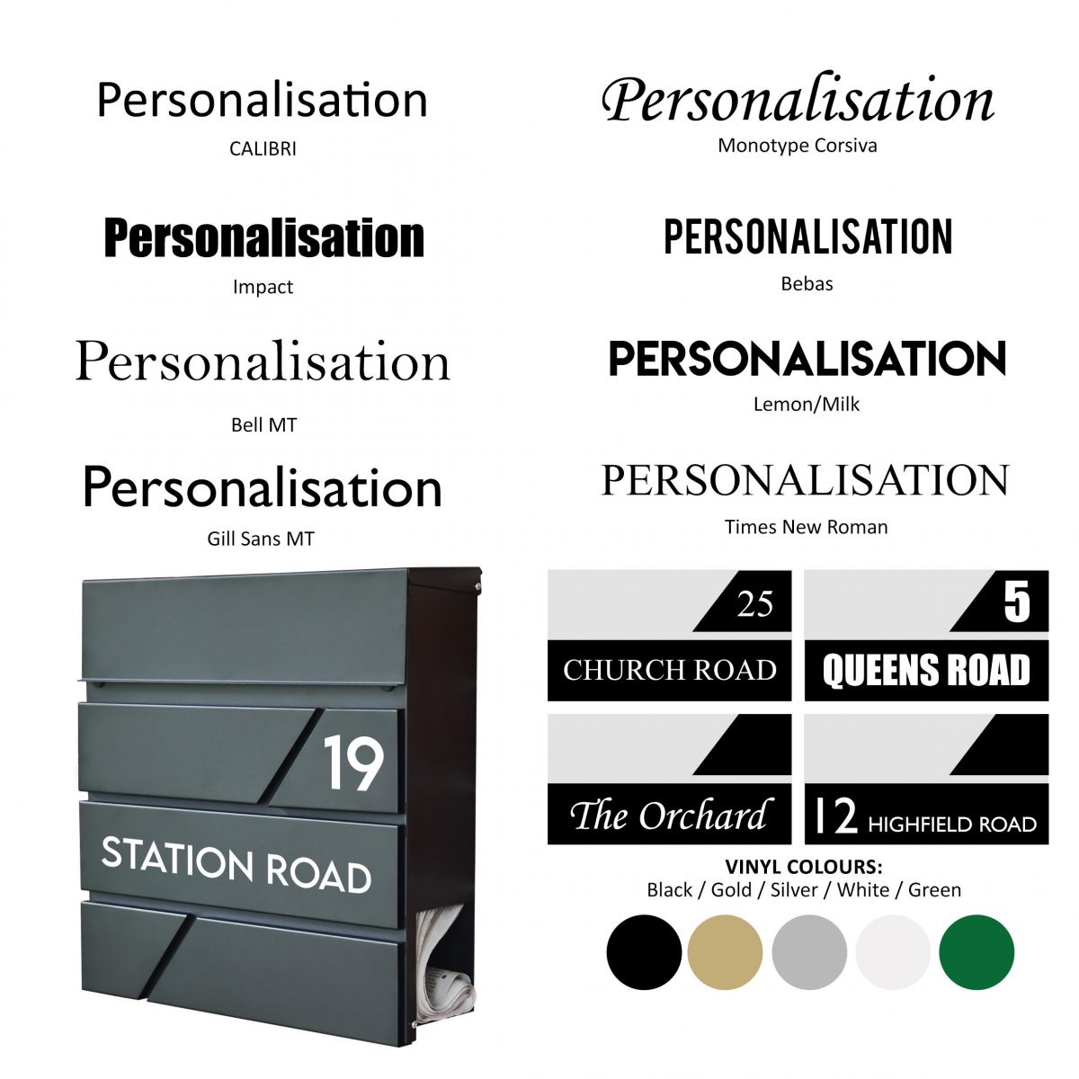Fonts Available for Personalisation on the "Arlington" Black Modern Wall Mounted Post Box