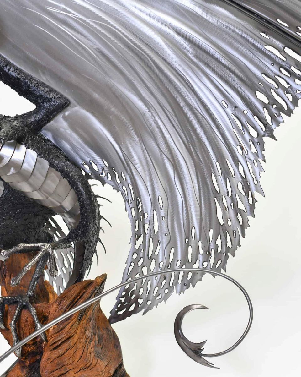 Close-Up of Worn Wings for Artist Piece - Large Bespoke Recycled Metal Black "Brachialis" Dragon Sculpture