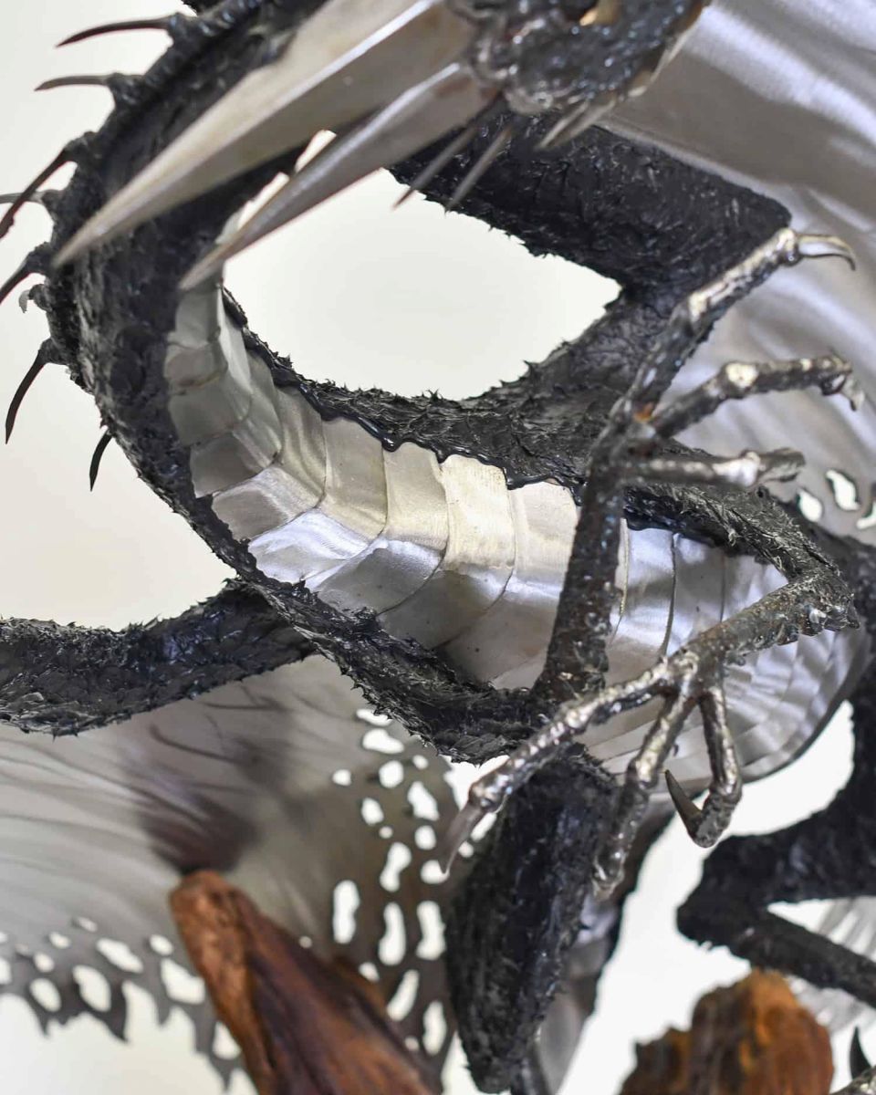 Close-Up of Recycled Steel Body on Artist Piece - Large Bespoke Recycled Metal Black "Brachialis" Dragon Sculpture