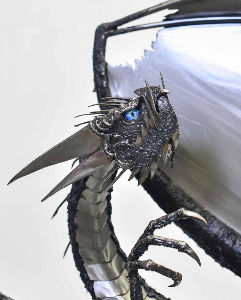 Close-Up of Artist Piece - Large Bespoke Recycled Metal Black "Brachialis" Dragon Sculpture