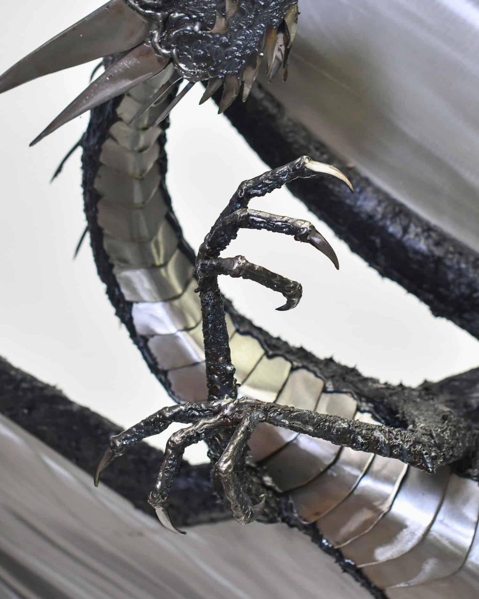 Close-Up of Talons on Artist Piece - Large Bespoke Recycled Metal Black "Brachialis" Dragon Sculpture