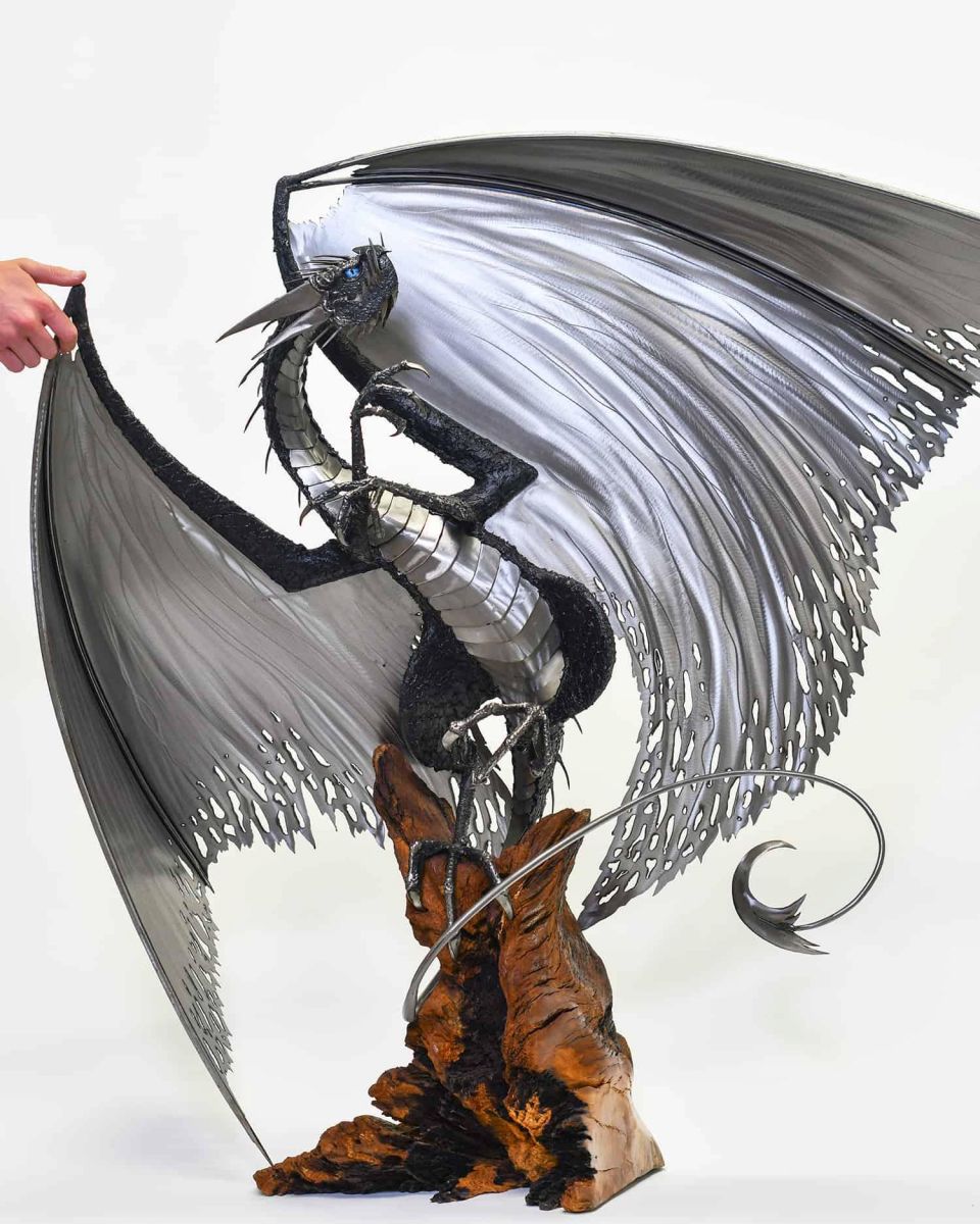 Scale Shot of Artist Piece - Large Bespoke Recycled Metal Black "Brachialis" Dragon Sculpture