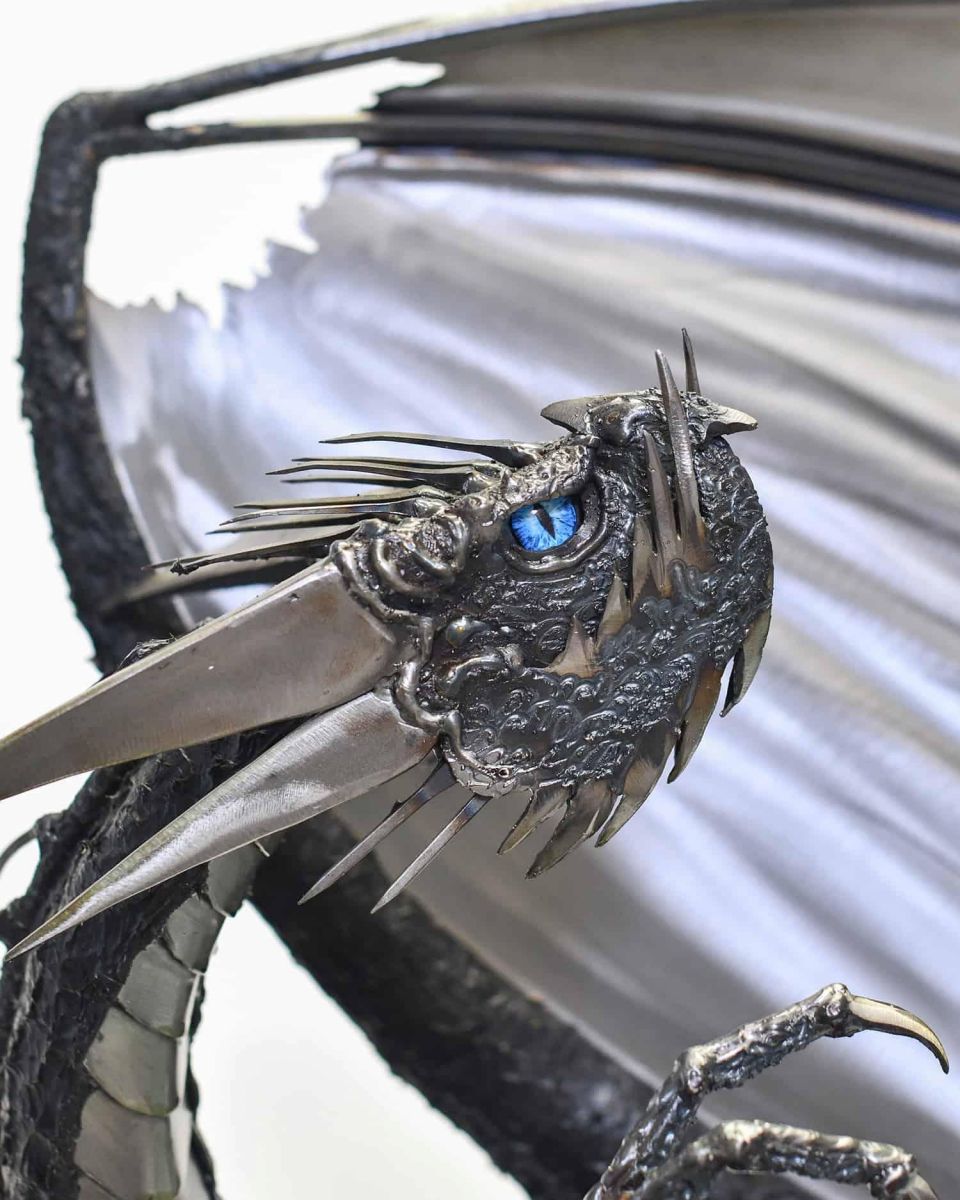 Close-Up of Dragon Face on Artist Piece - Large Bespoke Recycled Metal Black "Brachialis" Dragon Sculpture
