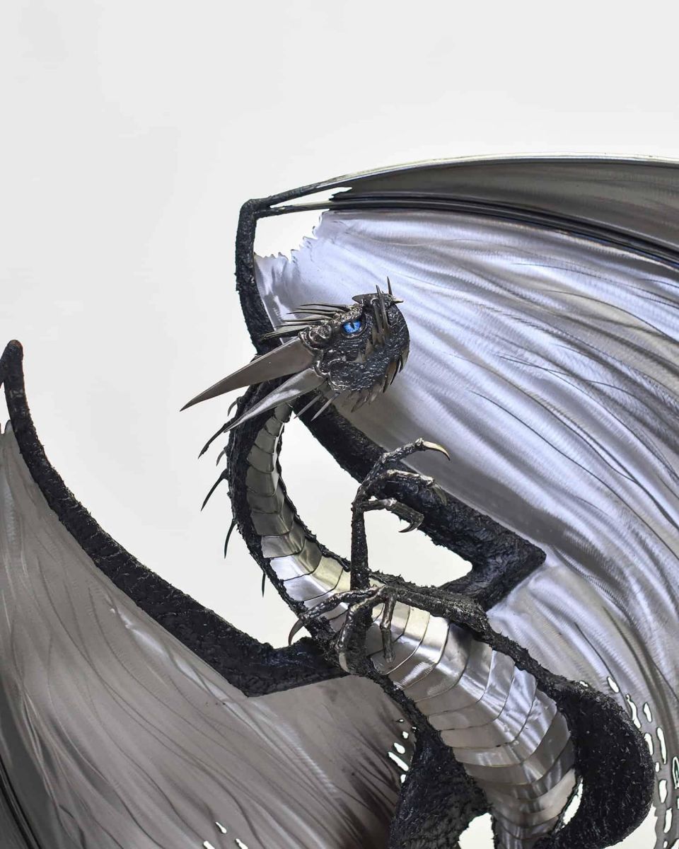 Artist Piece - Large Bespoke Recycled Metal Black "Brachialis" Dragon Sculpture in Situ