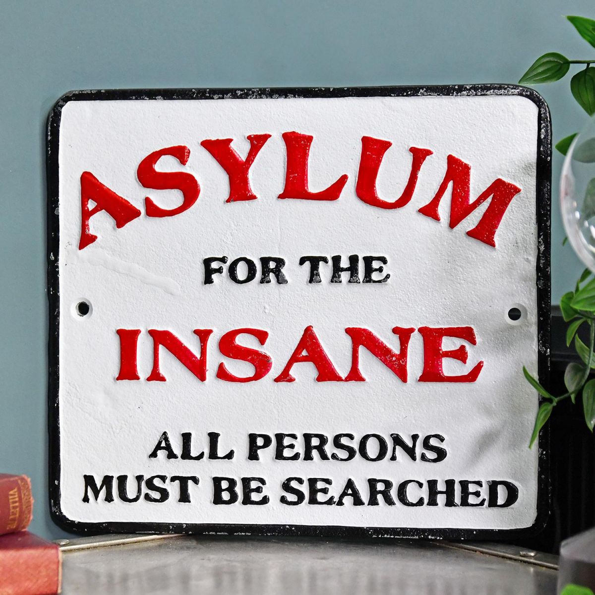 "Asylum For The Insane" Cast Iron Sign in Situ Next to a Blue Wall
