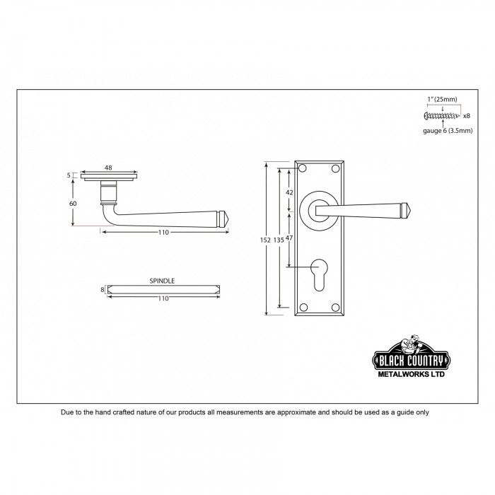 "Avon" Lever Euro Lock Set dimensions