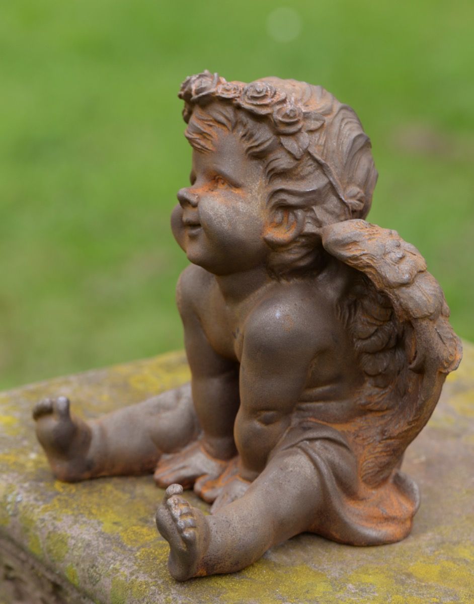 Cast Iron Smiling & Sitting Cherub Garden Sculpture