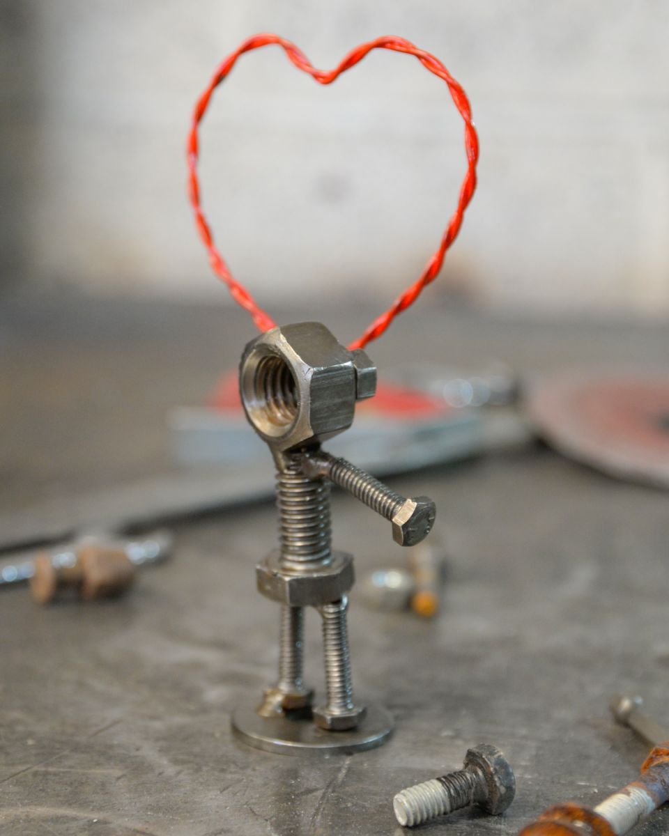 Back view of scrap metal art sculpture