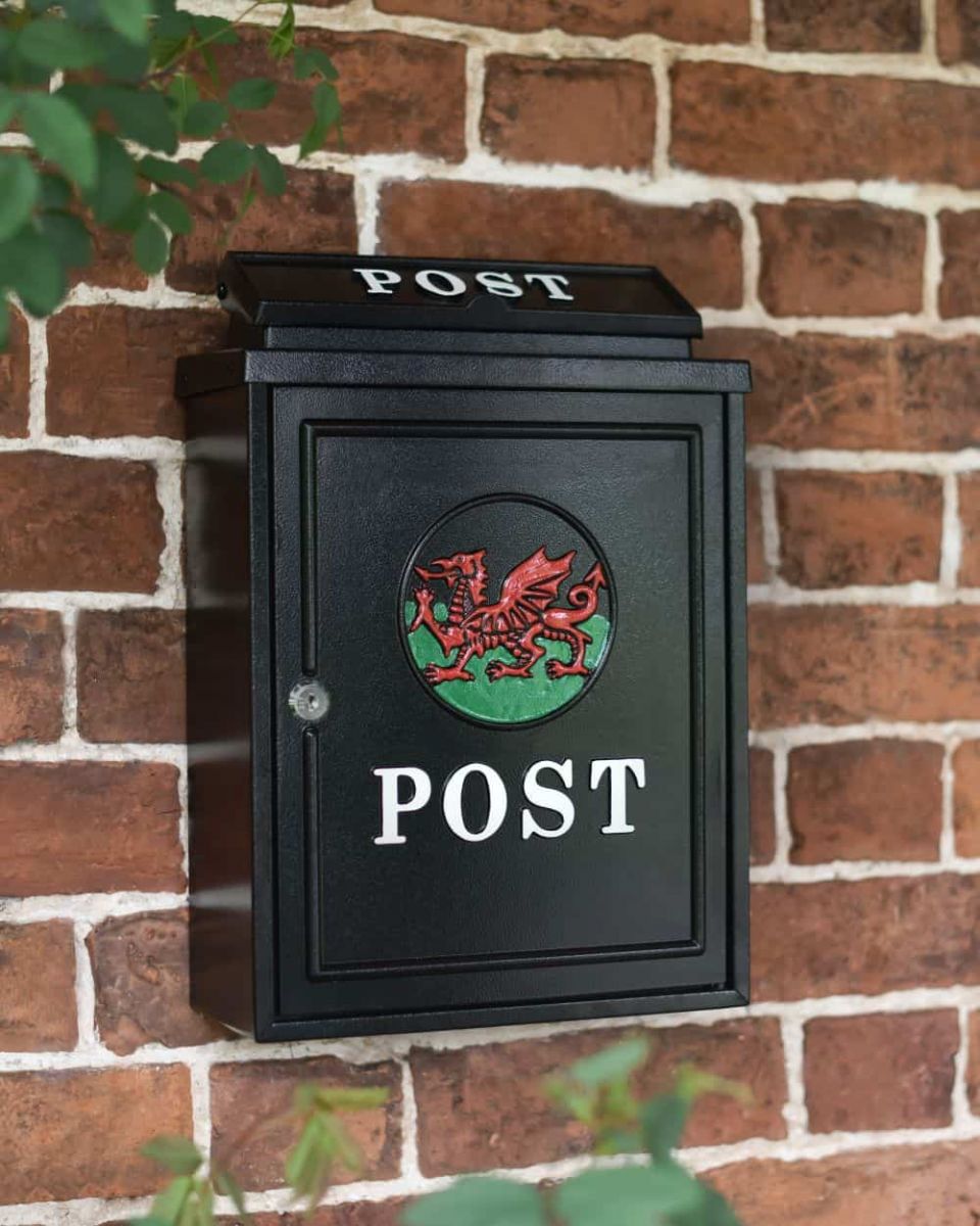 Close-up of the Hand Painted Welsh Dragon Wall Mounted Post Box