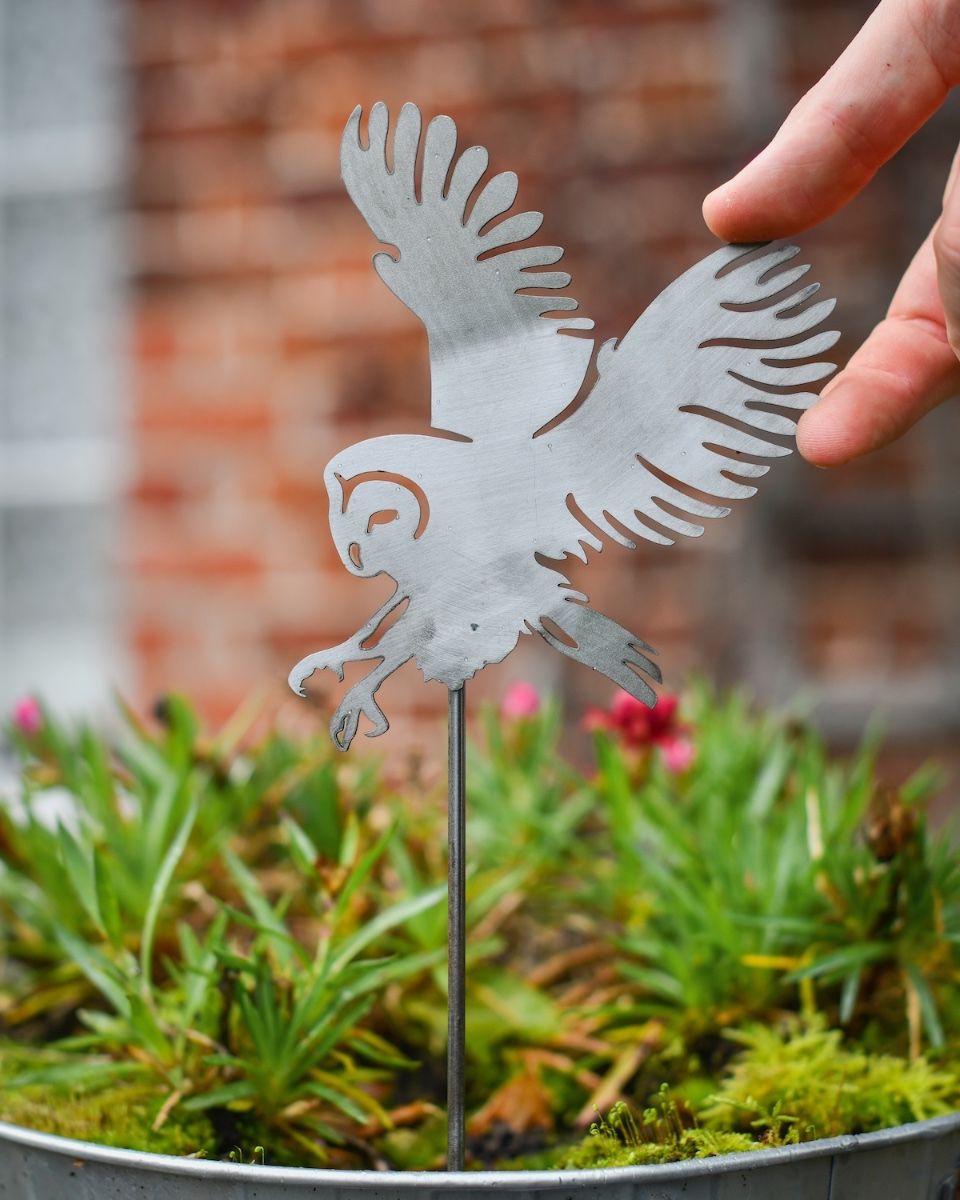 Barn Owl Artistic Plant Pot Spike - Set of Two with hand in shot for scale