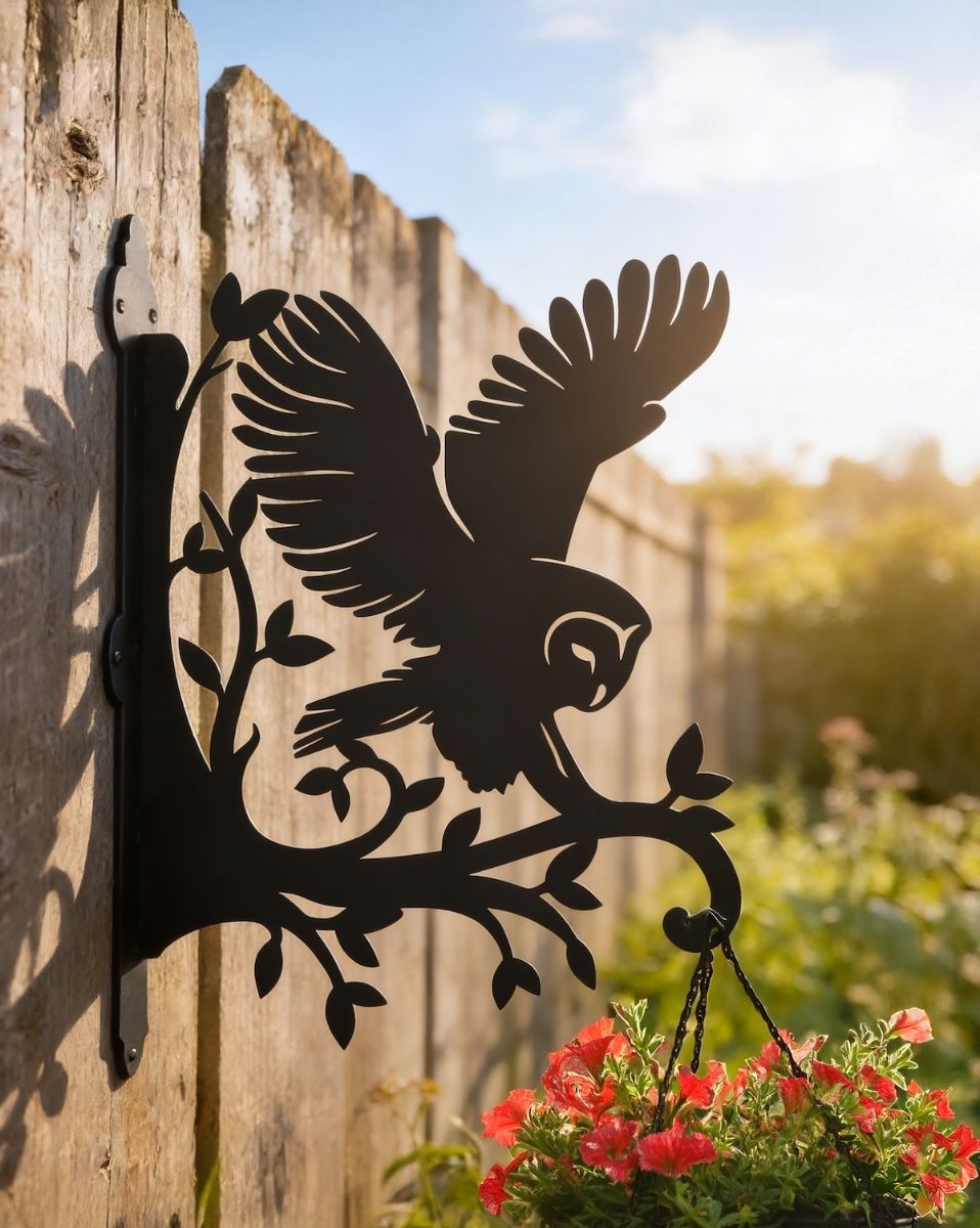 Barn Owl Hanging Basket Bracket mounted on a rustic fence