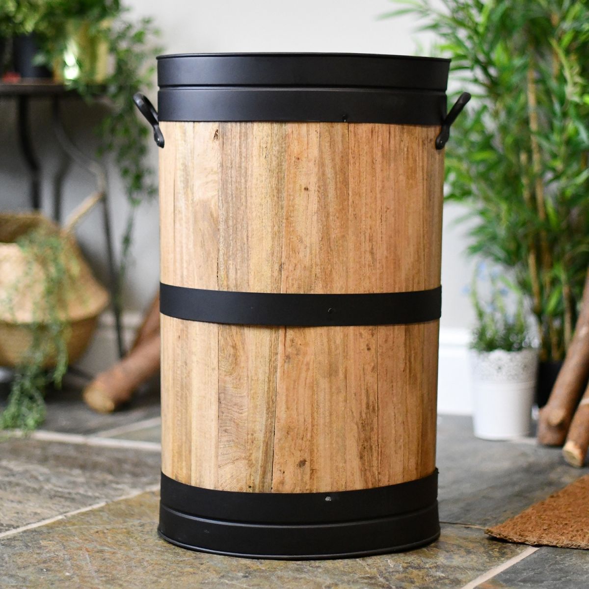 Barrel Design Walking Stick Holder Finished in Wood & Steel