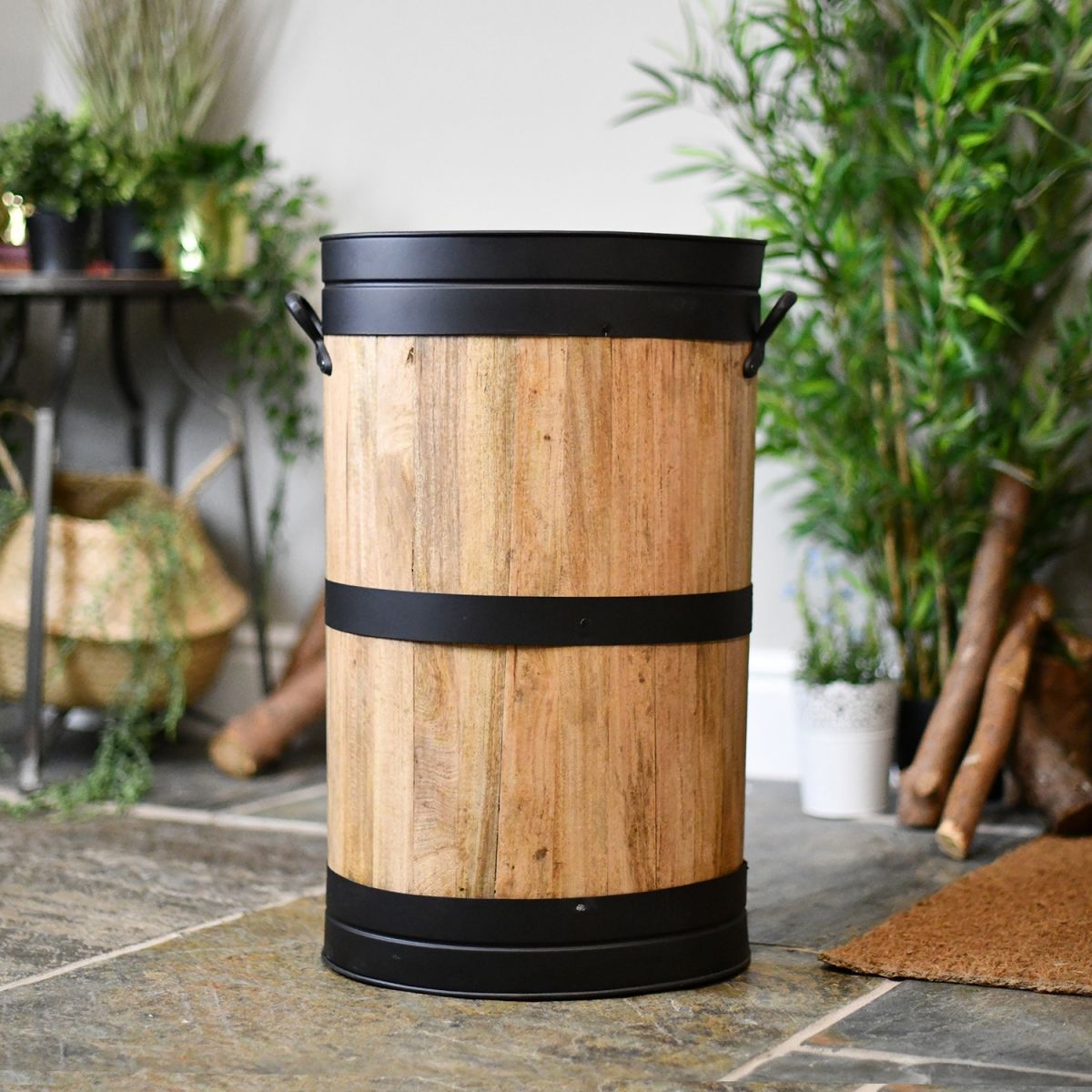 Wooden Barrel mberella & Walking Stick Stand With Steel Black Strips