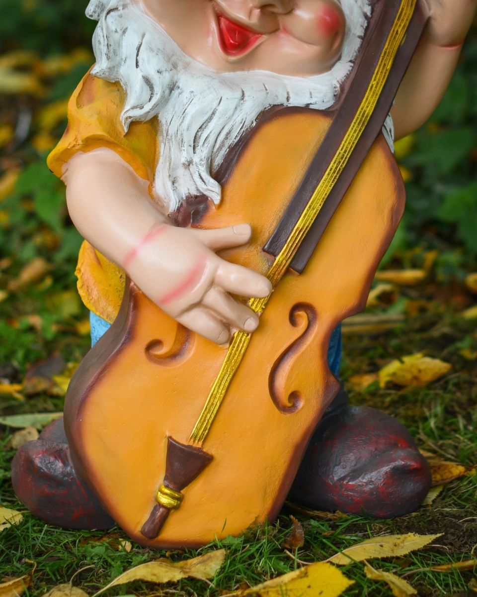 Bass playing gnome close up of bass