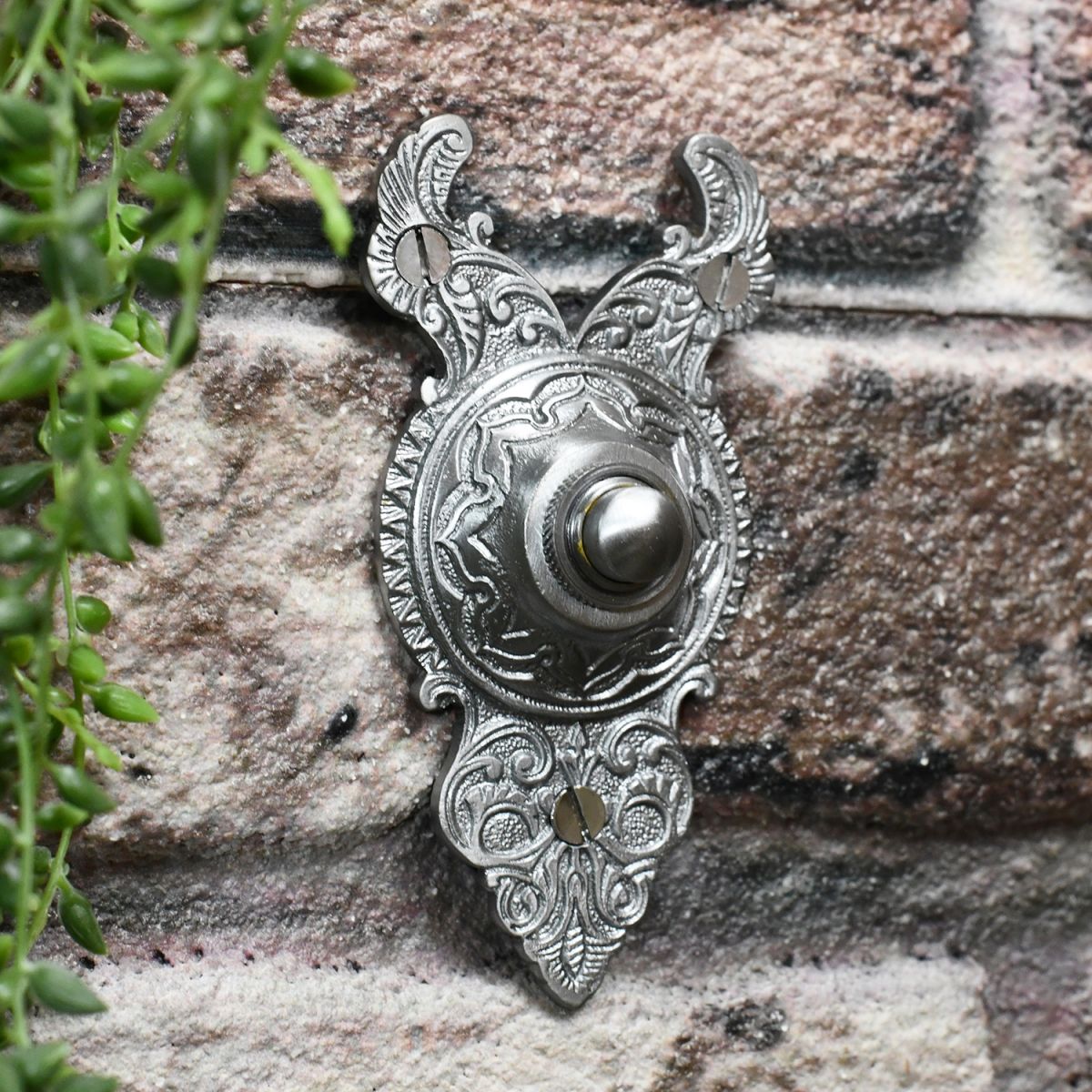 "Rosemont Hall" Exquisitely Ornate Satin Chrome Bell Push  "Rosemont Hall" Exquisitely Ornate Satin Chrome Bell Push