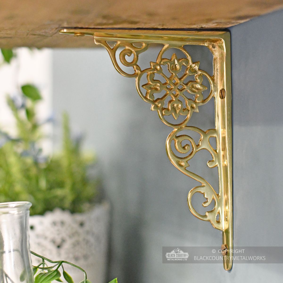 Interior design shelf bracket, polished brass finish