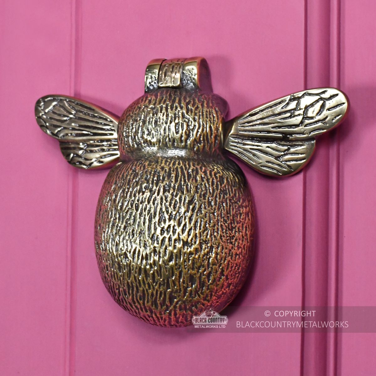 Quirky cast brass bee door knocker on front door
