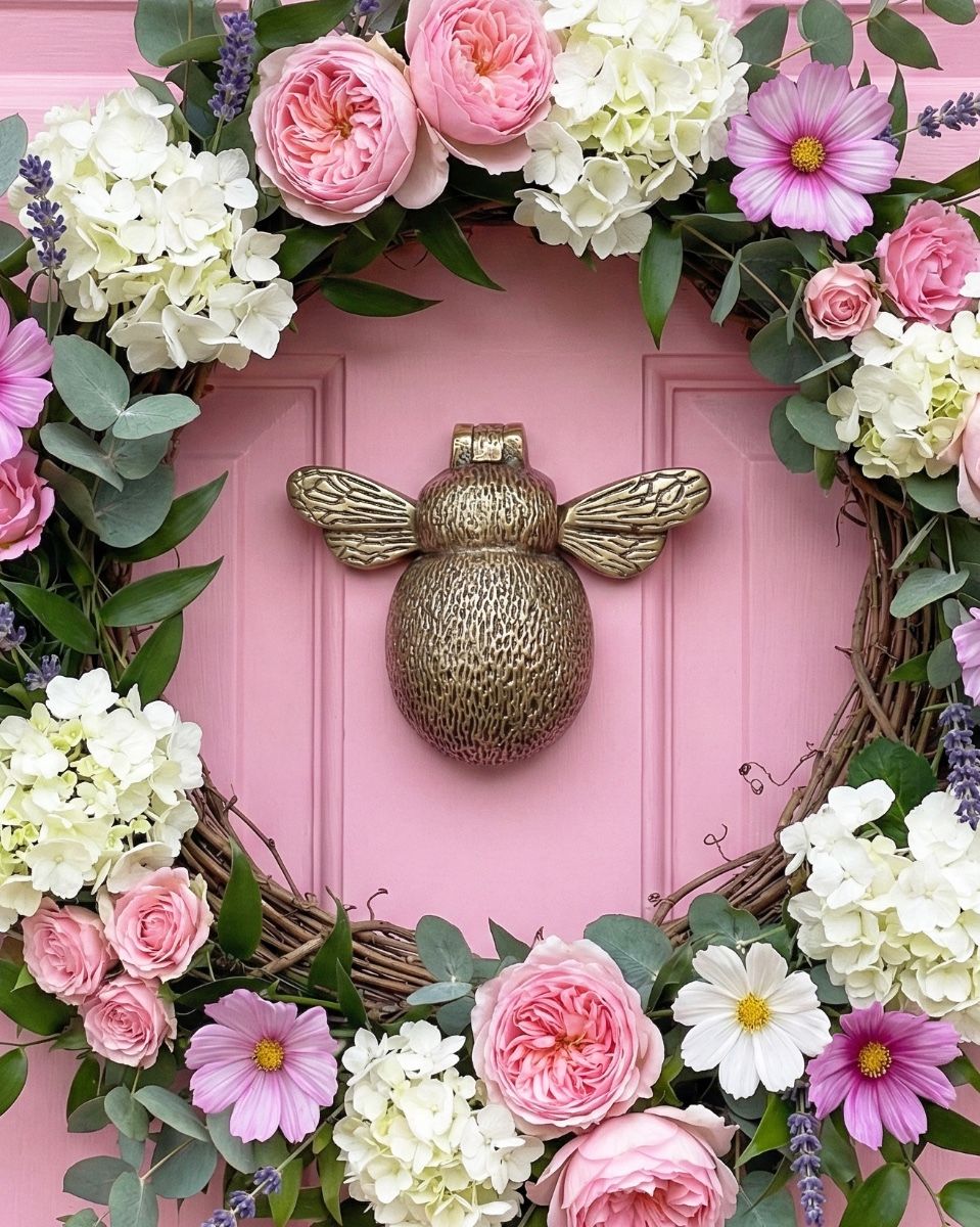 bcmw_-_dk356_-_a_-_antique_brass_bumblebee_door_knocker_-_ pink door with flowers