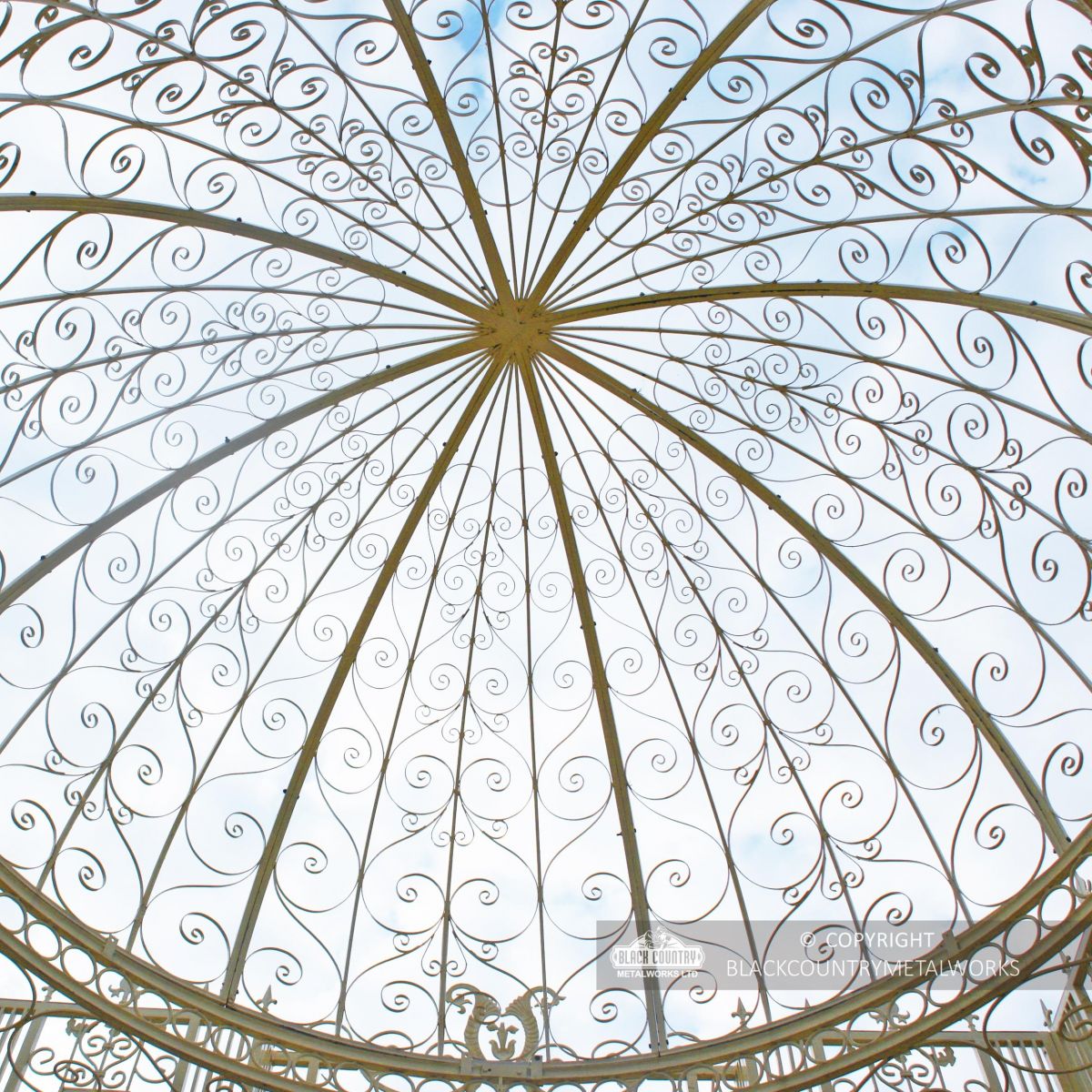 View of the Ceiling of the "The Royal Alexandria" Cream Wrought Iron Gazebo