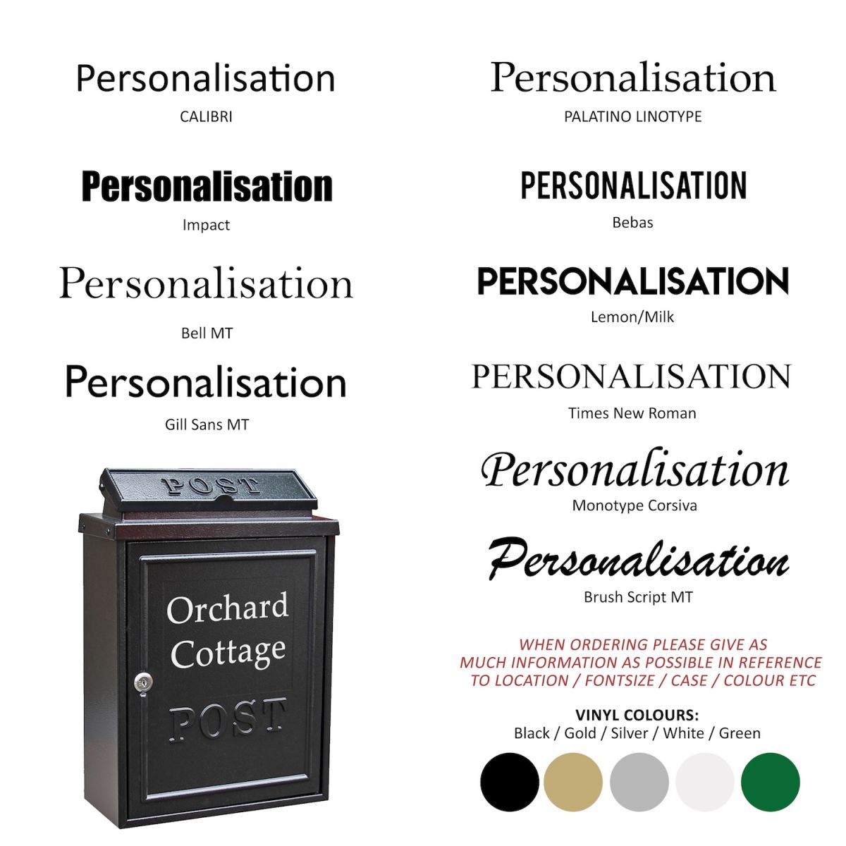 Personalised options for wall mounted traditional black post box Personalised options for wall mounted traditional black post box