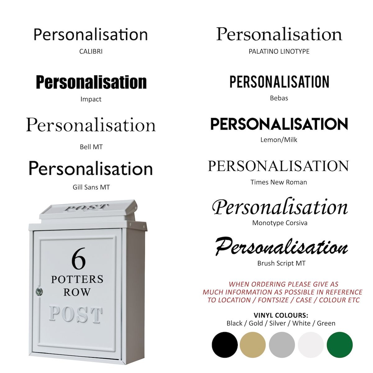 Personalised options for wall mounted traditional white post box Personalised options for wall mounted traditional white post box