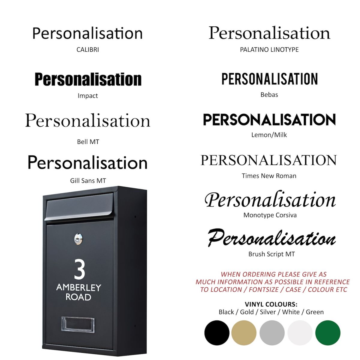 Personalisation options for modern minimalist wall mounted post box Personalisation options for modern minimalist wall mounted post box
