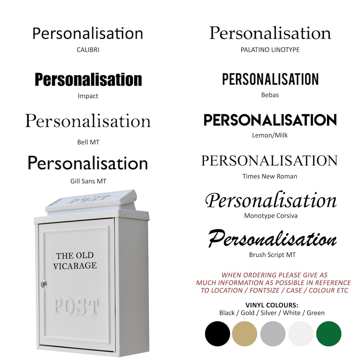 Personalisation options for wall mounted white post box 