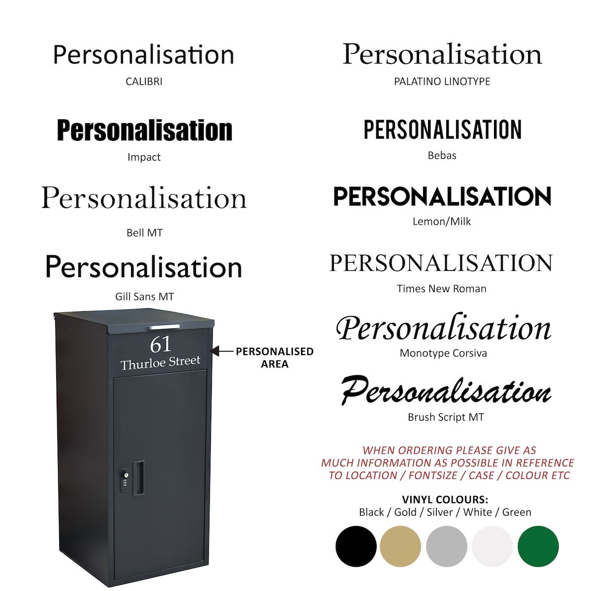 Personalisation options for freestanding contemporary parcel box Personalisation options for freestanding contemporary parcel box