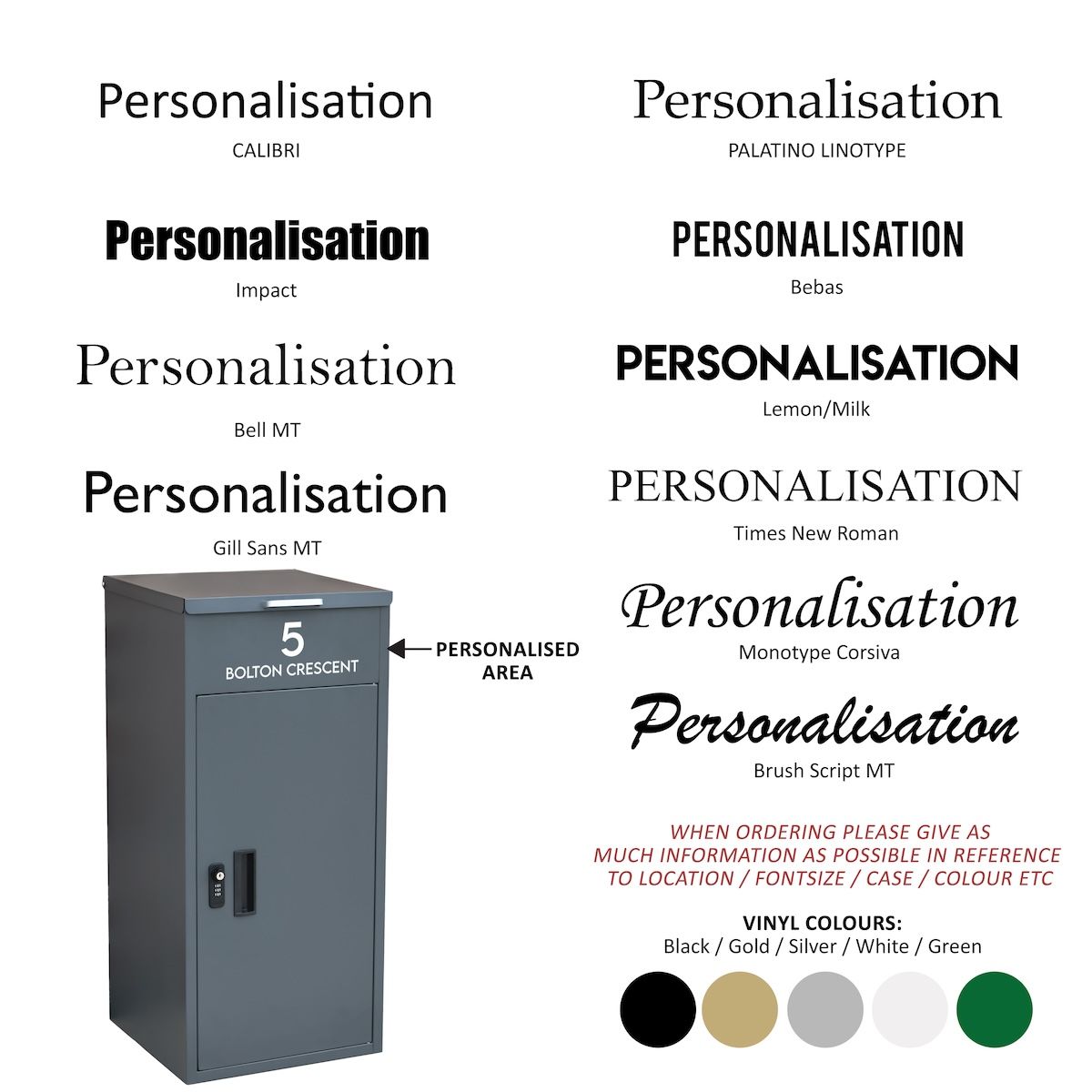 Personalisation options for freestanding grey modern parcel box
