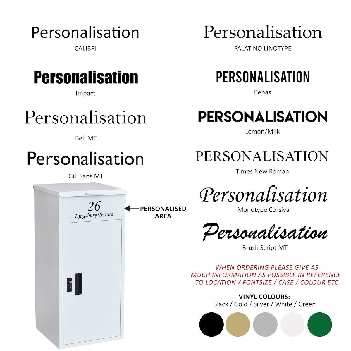 Personalisation options for freestanding modern white parcel box