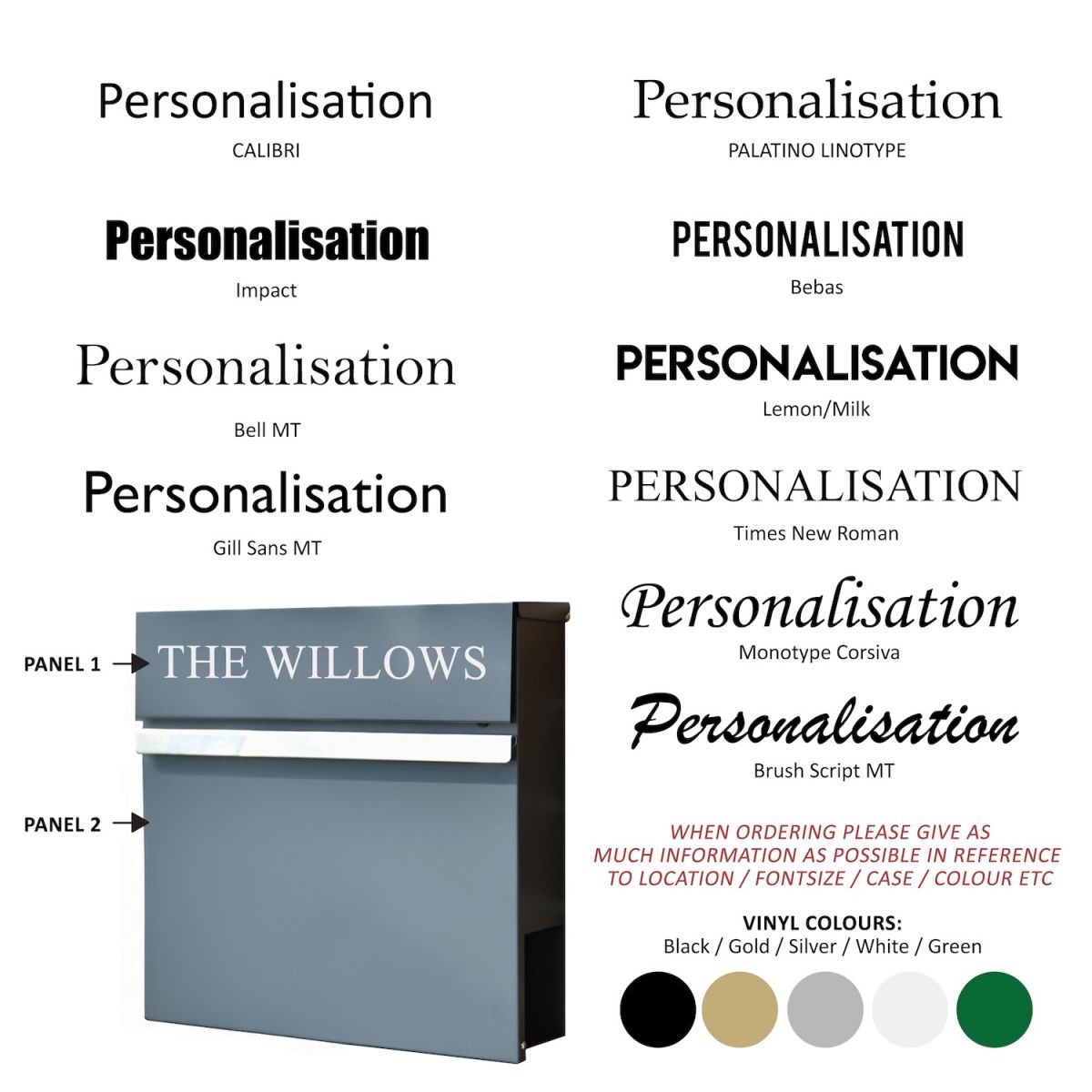 Personalisation options for modern grey wall mounted post box Personalisation options for modern grey wall mounted post box