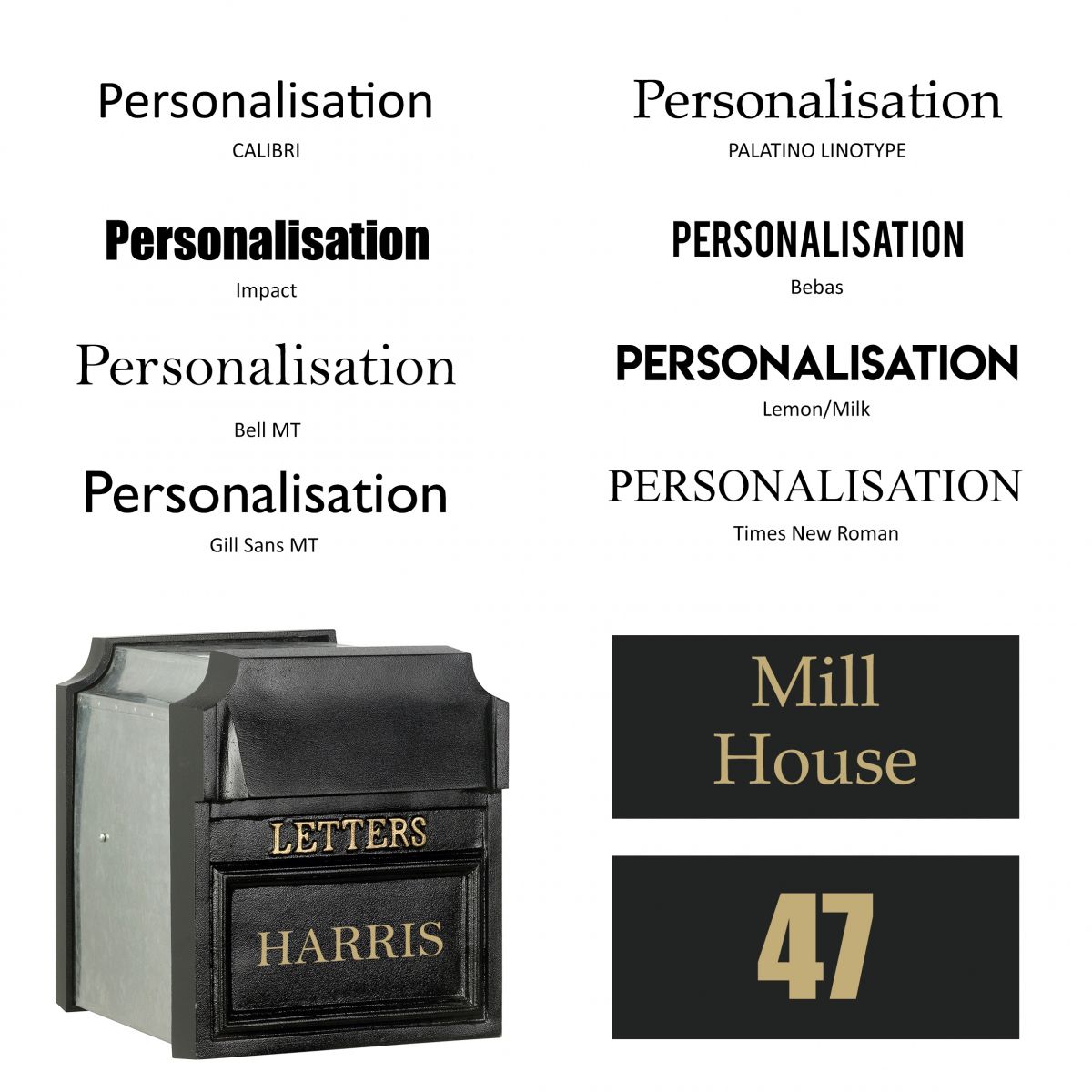 Finchley Rear opening Post Box font options