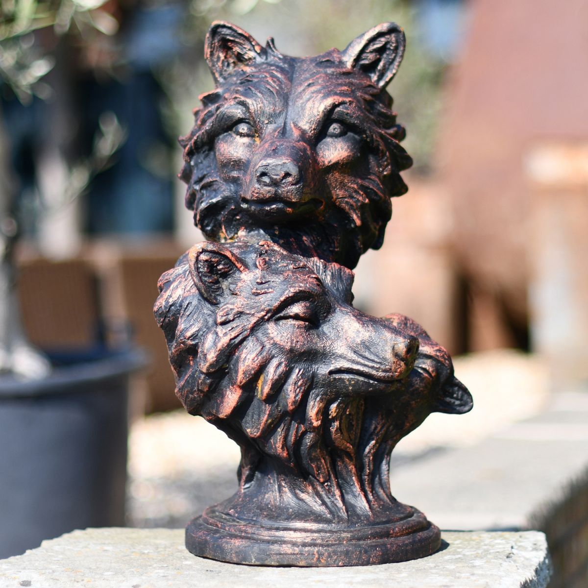 Wolf Head Outdoor Sculpture Finished in an Antique Bronze