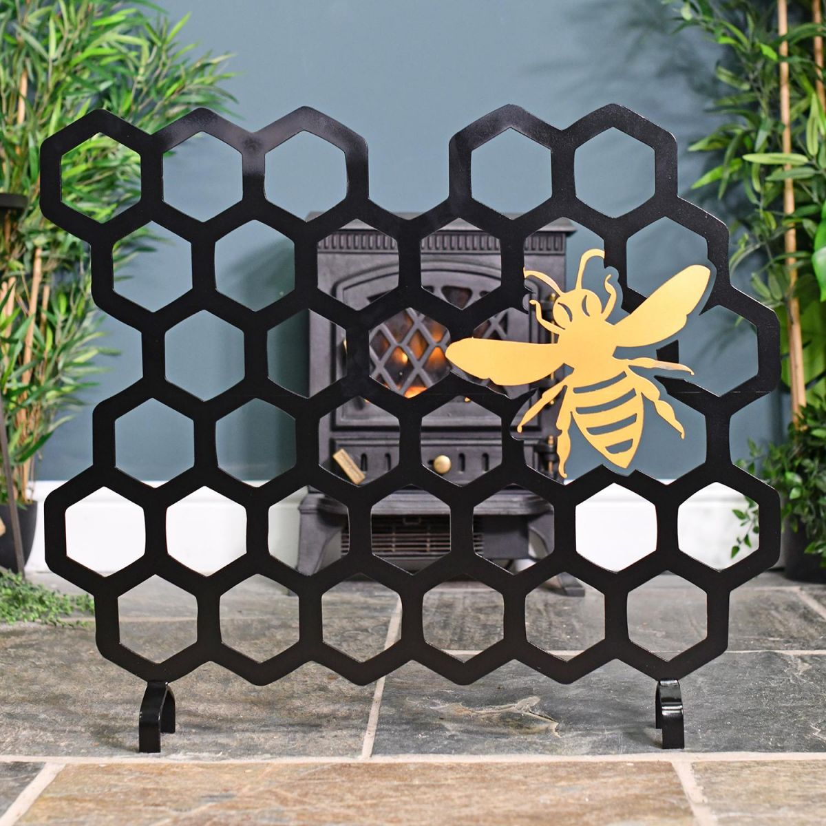 Black & Gold Bee Bee Fireguard in Situ in the Living Room