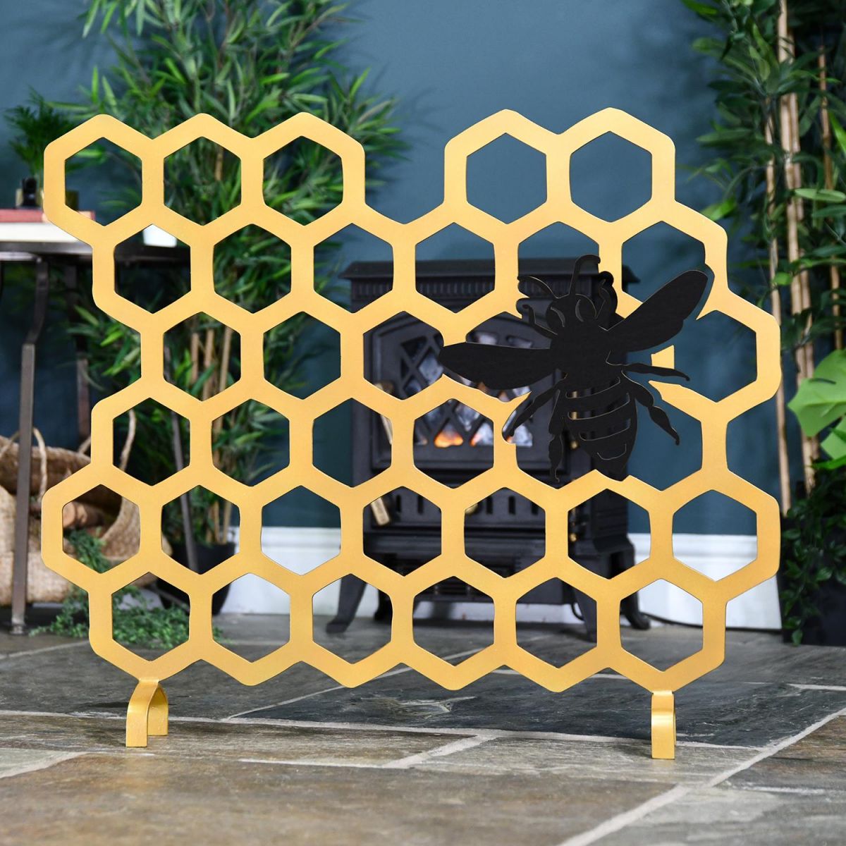 Gold & Black Bee Bee Fireguard in Situ in the Living Room
