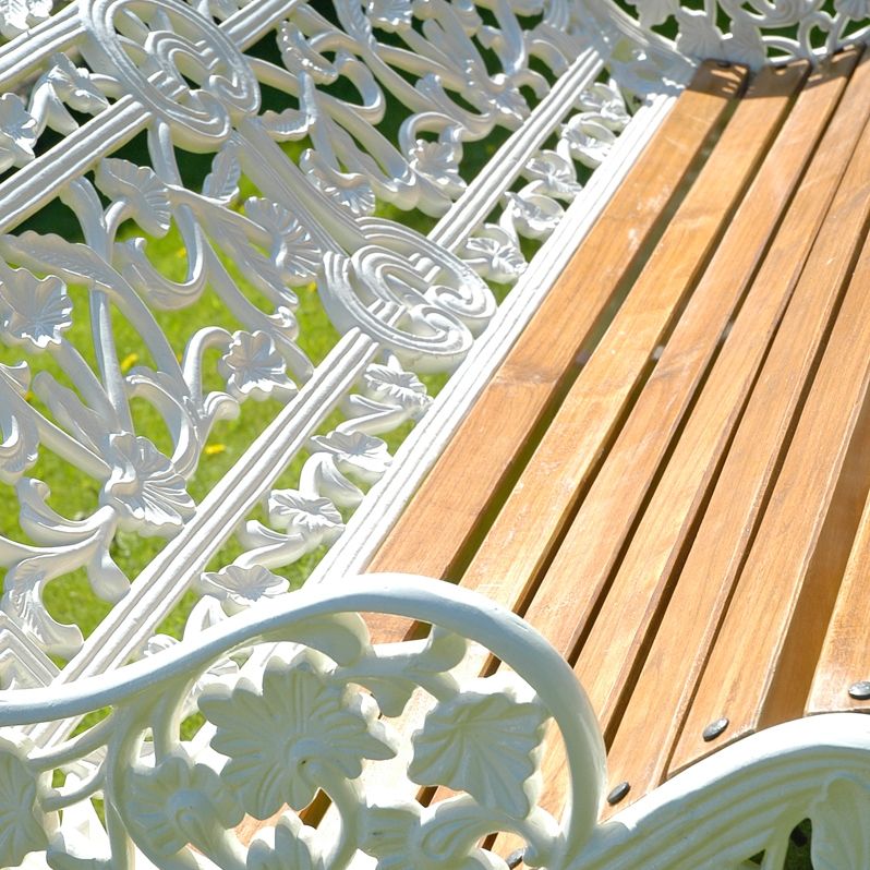 Classic Belgravia Cast iron Garden bench - close up of wooden seat and cast iron back rest