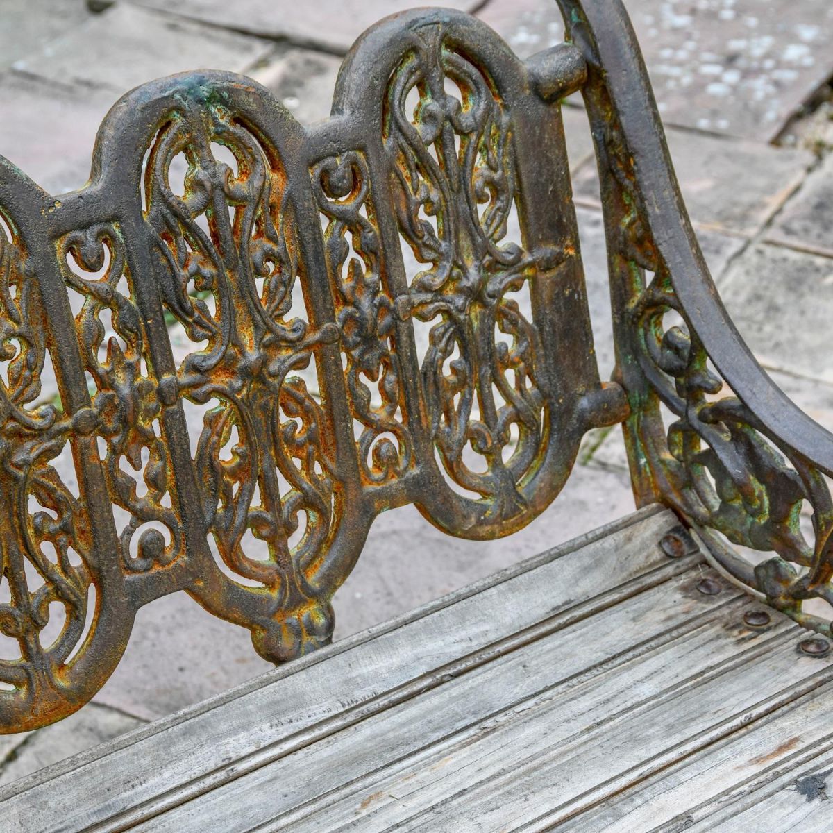 Close up of Rustic finish on Gothic Garden Bench