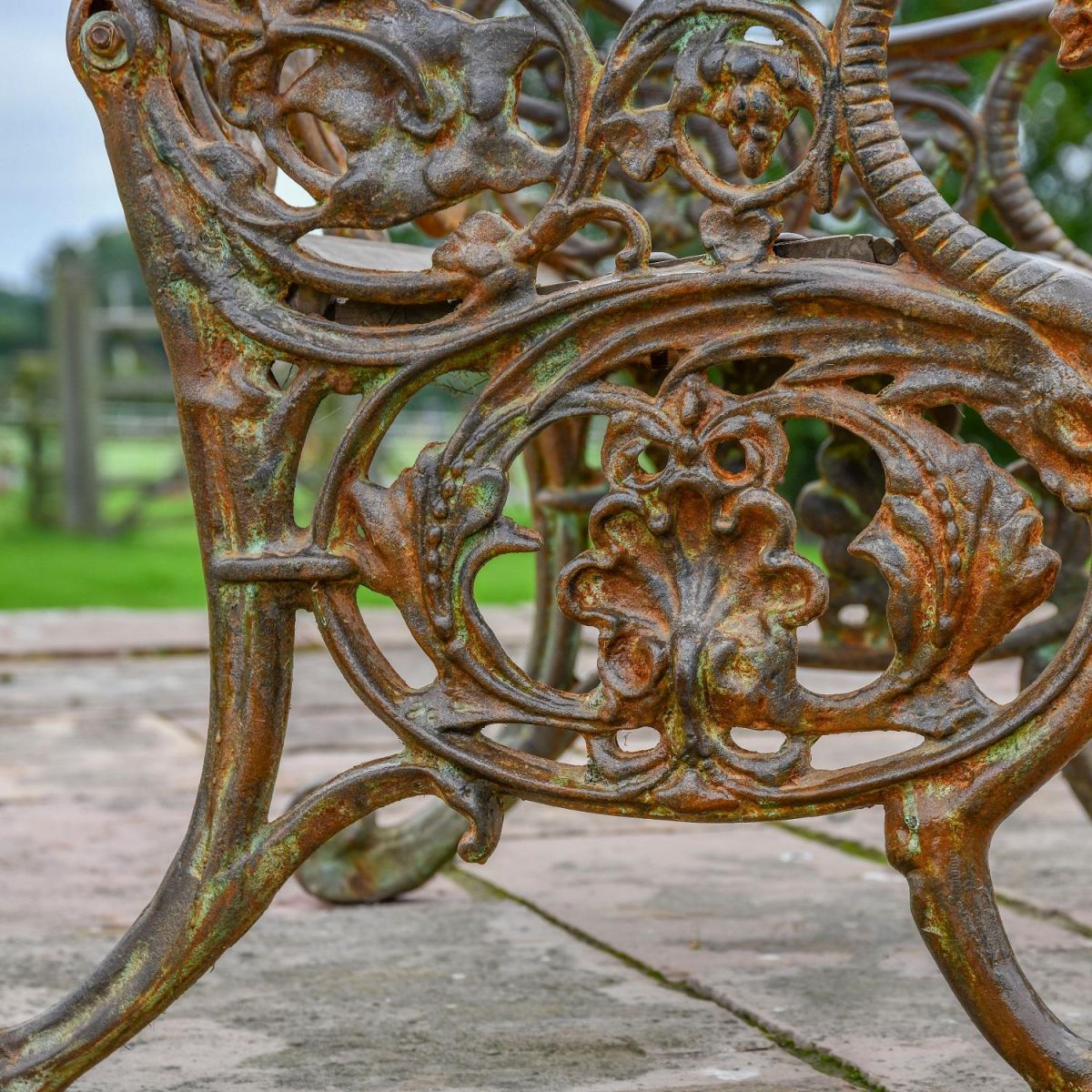 Close up of Rustic finish on "Serpent" Gothic Garden Bench