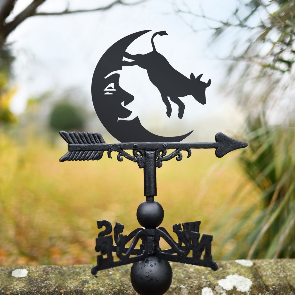 Cow Jumping over the moon weathervane in garden