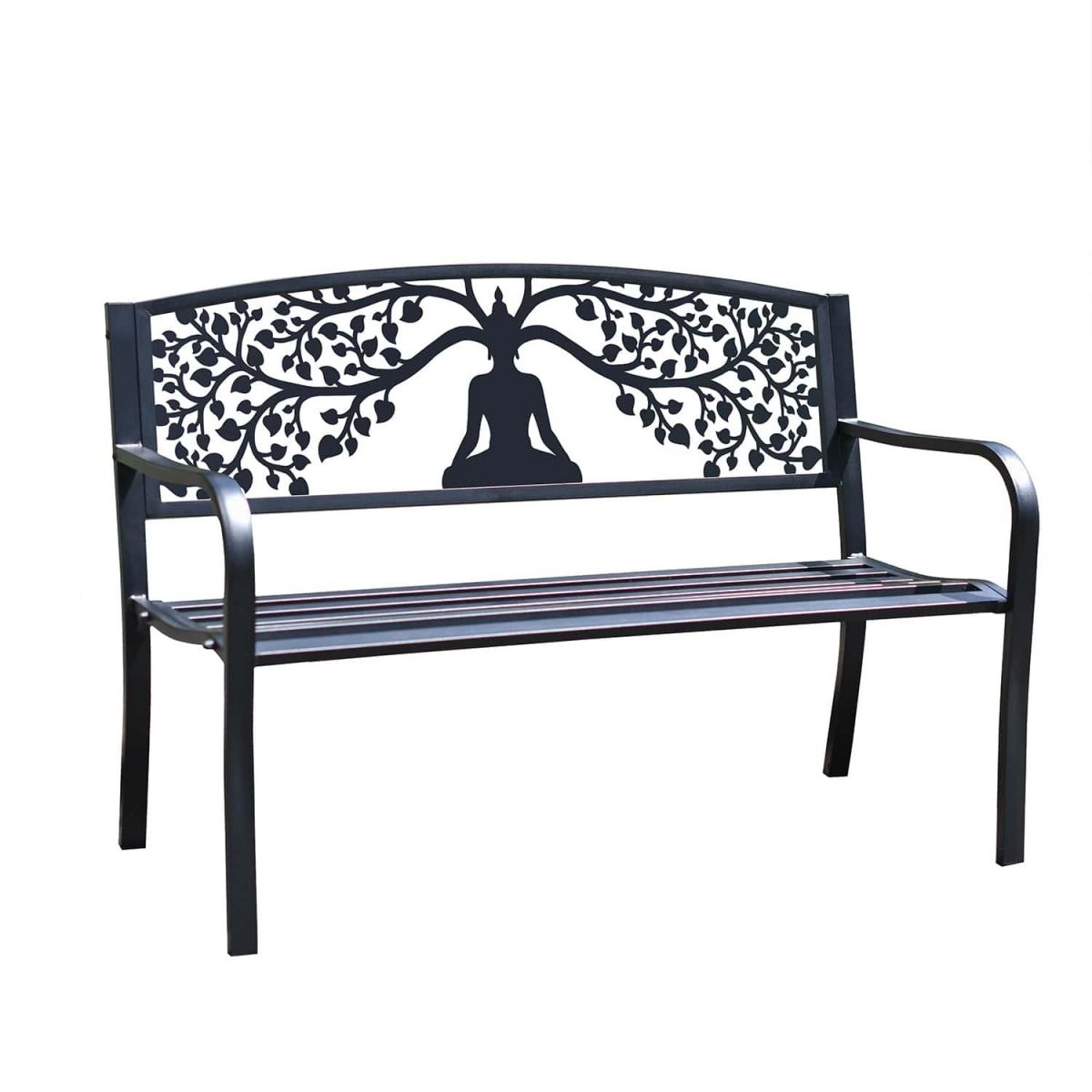 Bespoke "Eternal Growth" Buddha Iron & Steel Park Bench in Black on White Background Bespoke "Eternal Growth" Buddha Iron & Steel Park Bench in Black on White Background